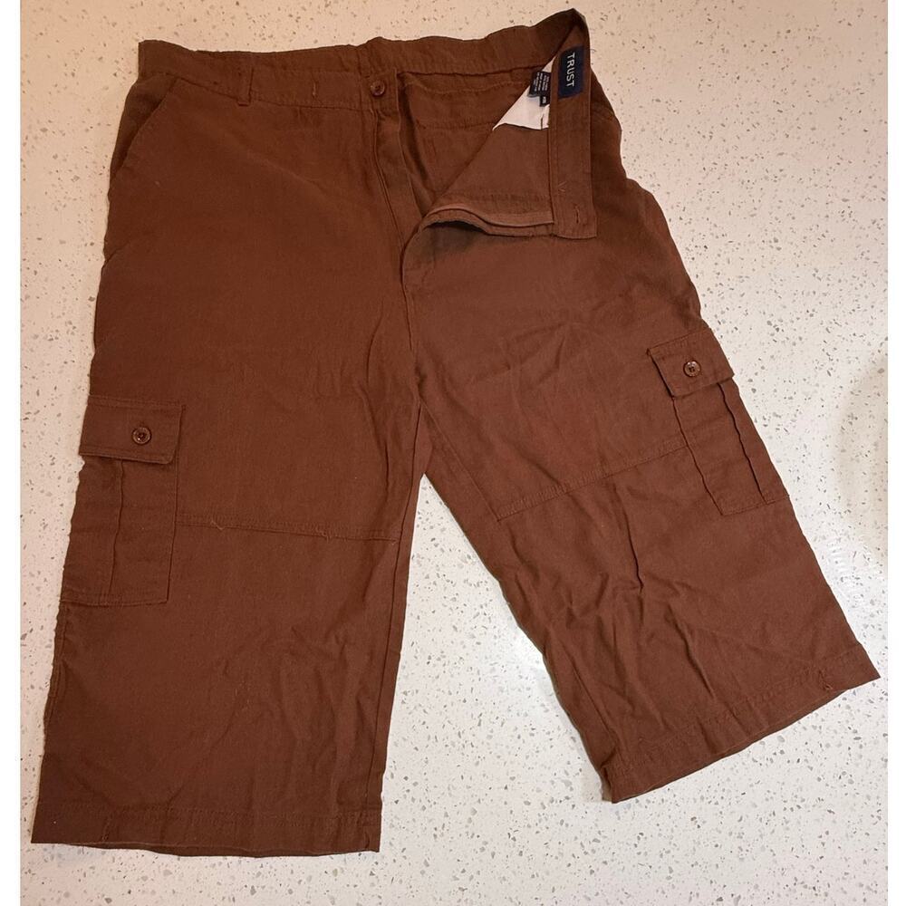 trust linen blend brown cargo capri pants womens waist 38"